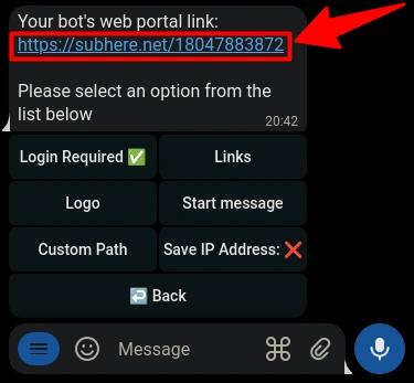 Viewing the default web portal link in BotSubscription settings