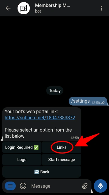 Web Portal Links section in TGmembership bot settings.